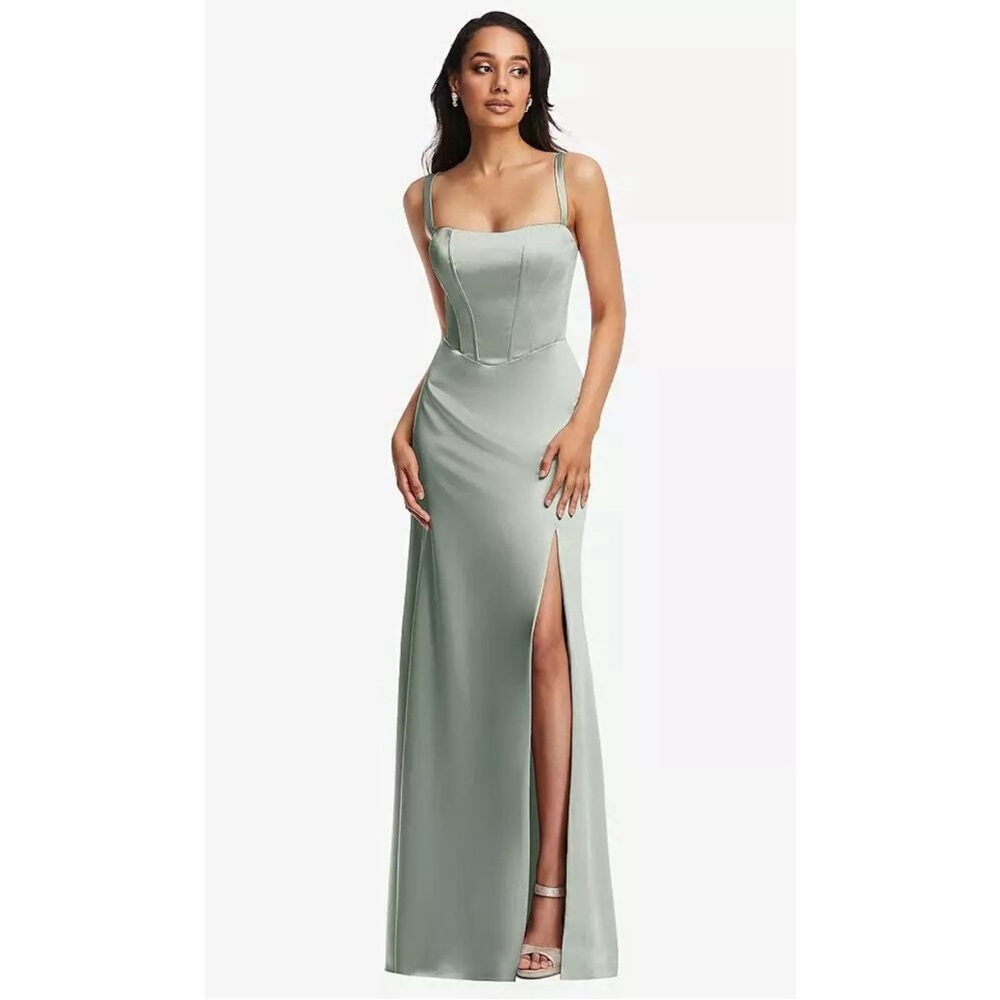 LACE UP TIE-BACK CORSET MAXI DRESS WITH FRONT SLIT IN WILLOW GREEN